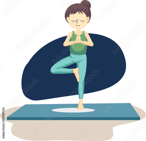 Young Woman Practicing Tree Pose Yoga on Mat – Vector Illustration