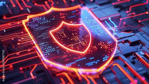Vibrant Digital Shield Symbol of Cybersecurity and Protection in Technology, Illuminated by Neon Colors and Surrounded by Intricate Circuit Designs.
