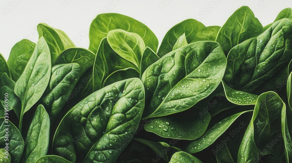 a hyper-detailed centered composition of a bunch of fresh spinach leaves,