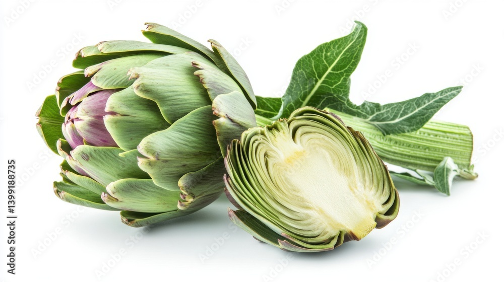 a hyper-detailed centered composition of a fresh artichoke, with green leaves
