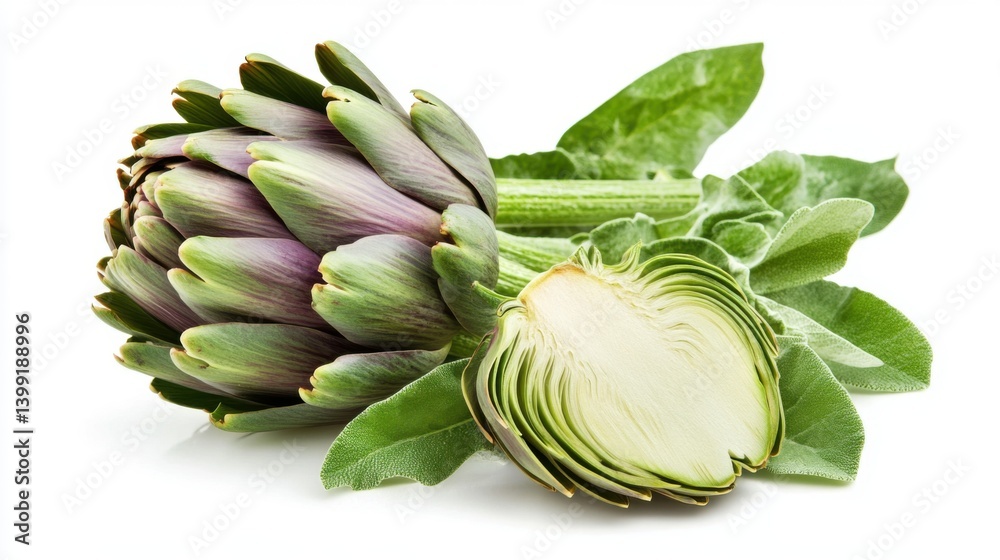 a hyper-detailed centered composition of a fresh artichoke, with green leaves