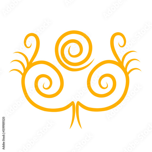Abstract design featuring swirling patterns and shapes in vibrant orange against a white background