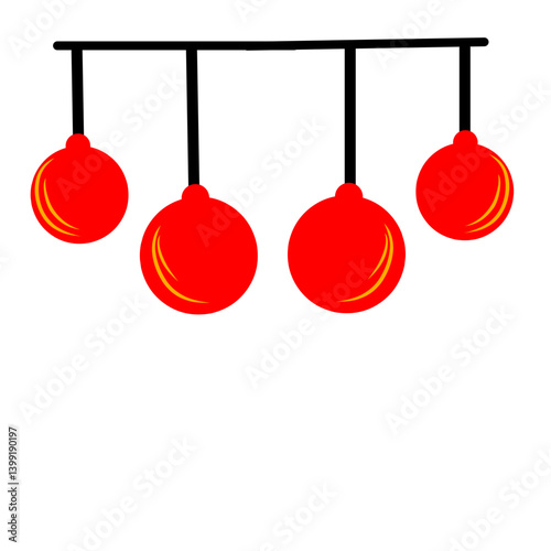 Bright red decorative ornaments hanging from a horizontal bar, set against a plain white background