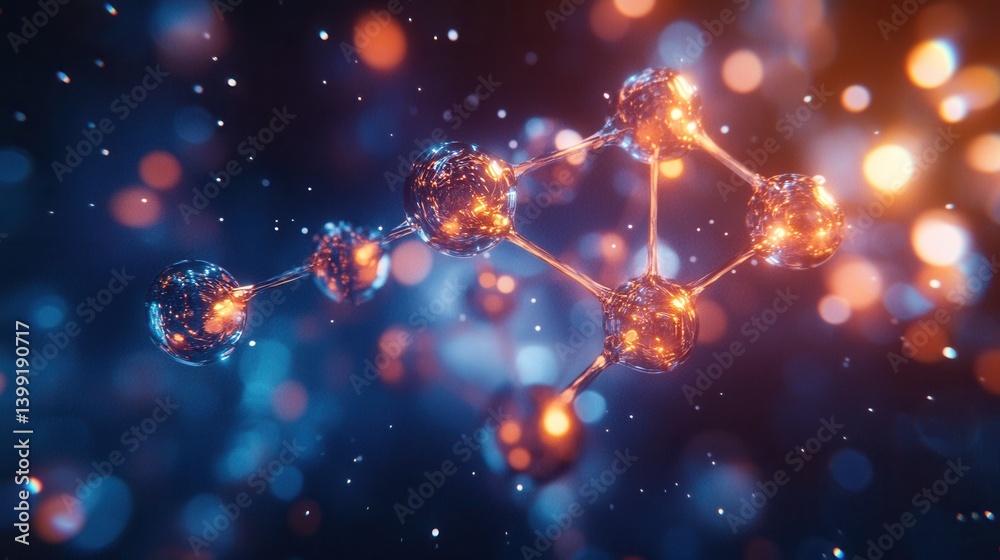 a hyper-detailed macro view of a glucose molecule (C6H12O6), with glowing carbon, hydrogen, and oxygen atoms, on a dark blur background