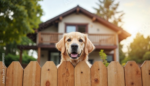 Happy Golden retriever dog picking out the wooden fence  