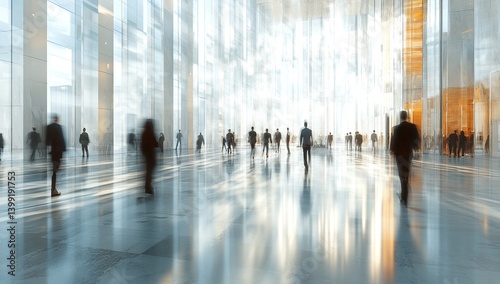 Motion blur effect captures diverse business people moving through a modern glass building's bright, spacious interior.