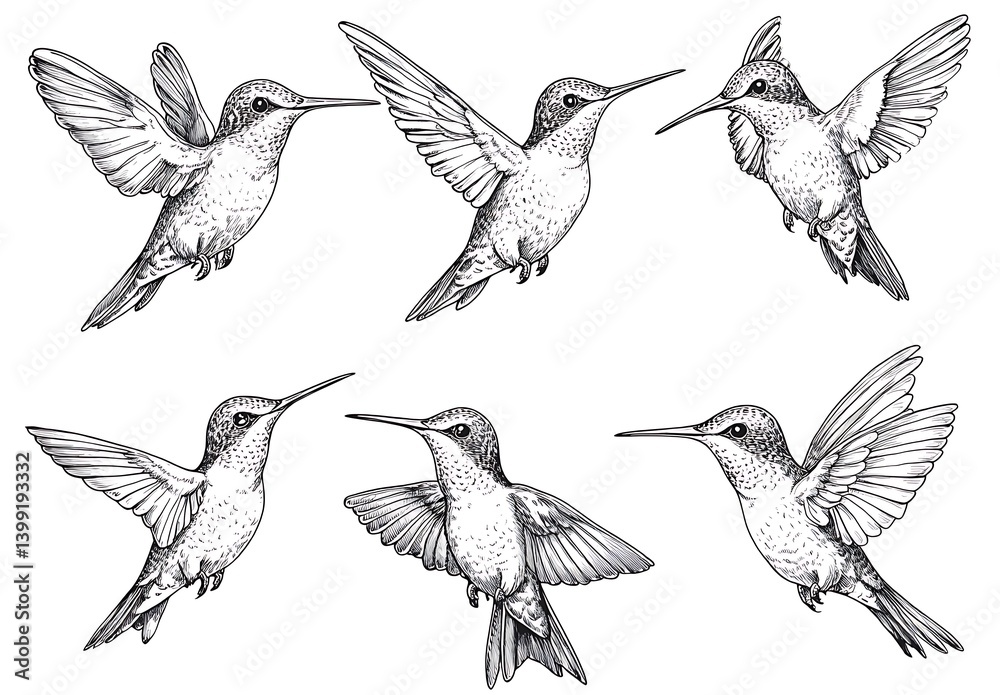 Fototapeta premium Detailed Sketches of Hummingbirds in Various Flying Poses for Nature Illustrations
