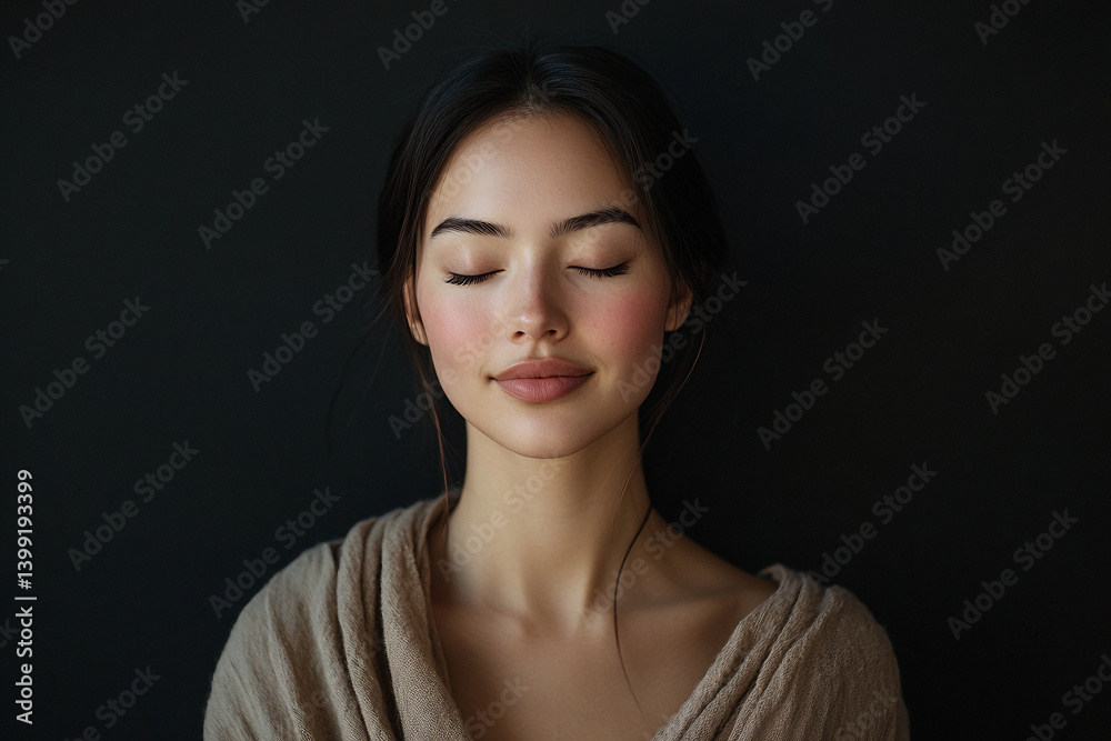 A serene portrait of a young woman with her eyes closed, slight smile, standing still in front of a matte black background. A serene portrait of a young woman with her eyes closed, slight smile, standing still in front of a matte black background.
