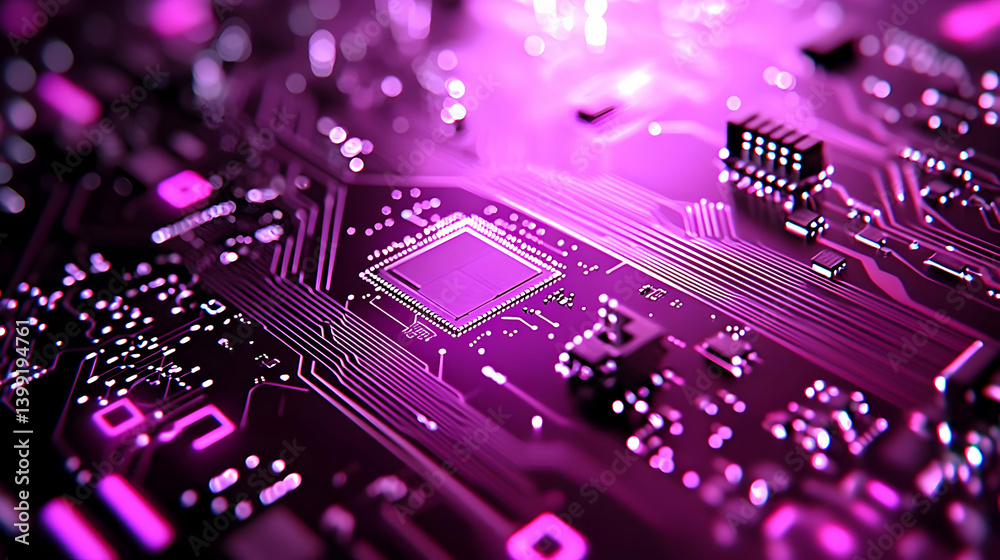 Obraz premium Close Up Circuit Board With Glowing Purple Components