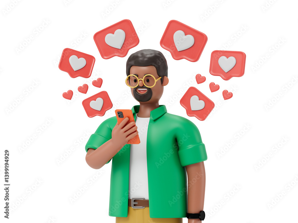 Man on phone surrounded by heart symbols, symbolizing social media likes and approval. 3D rendering, conceptual image. Isolated on white background. Man on phone surrounded by heart symbols, symbolizing social media likes and approval. 3D rendering, conceptual image. Isolated on white background.