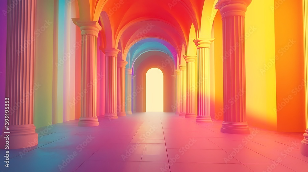 Fototapeta premium Vibrant Abstract Hallway with Colorful Arches and Light Illuminating the Entrance