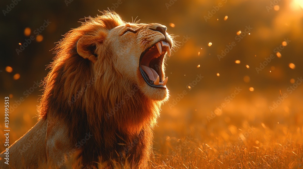 Fototapeta premium Majestic Lion Roaring at Sunset in African Savanna