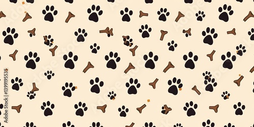 Ecru beige seamless vector pattern featuring scattered dog paws and bones Fun, neutral backdrop for pet products, pet print, backdrop