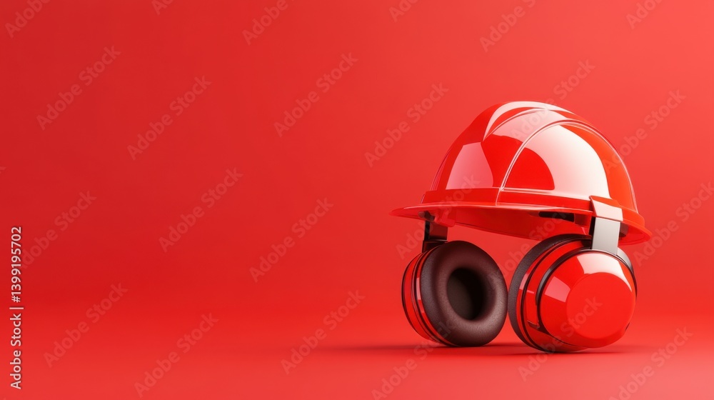 Red Helmet and Headphones on Vibrant Background for Safety Concepts