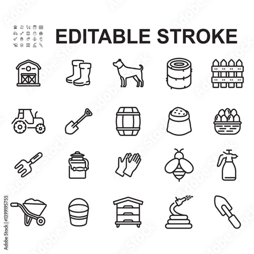 Farming icons collection. Thin line style vectors. Contains icons such as eggs, beehives, tractors and many more.