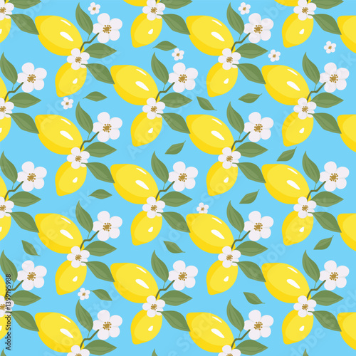 Lemons and blossoms on a branch.  Pattern Background. Spring, Summer Background.