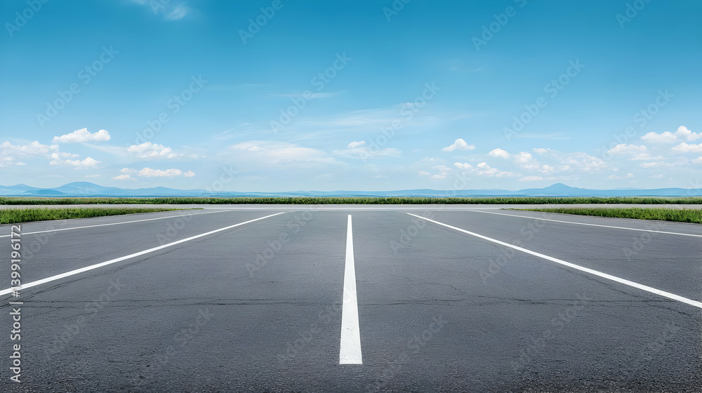 Empty Asphalt Road Extends To Horizon Under Blue Sky Empty Asphalt Road Extends To Horizon Under Blue Sky