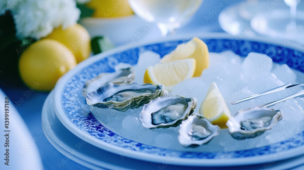 Fresh oysters served on ice with lemon slices, set on a blue tablecloth with flower in background Fresh oysters served on ice with lemon slices, set on a blue tablecloth with flower in background