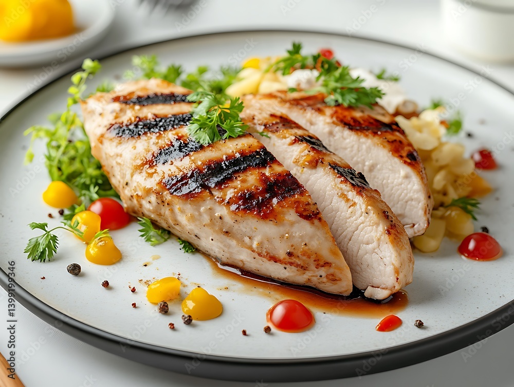 Grilled Chicken Breast with Colorful Vegetables on a Stylish Plate Grilled Chicken Breast with Colorful Vegetables on a Stylish Plate