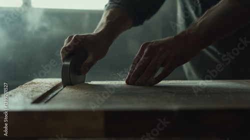 A construction site worker using a circular saw to cut through wood. Featuring precision and focus