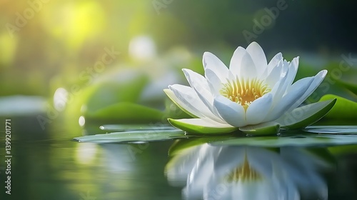 Tranquil Water Lily Blooming Among Green Leaves in a Serene Pond at Sunrise