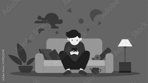 Isolated Individual A person sitting on a couch surrounded by a cluttered room completely engrossed in their phone as the world around them fades into grayscale.