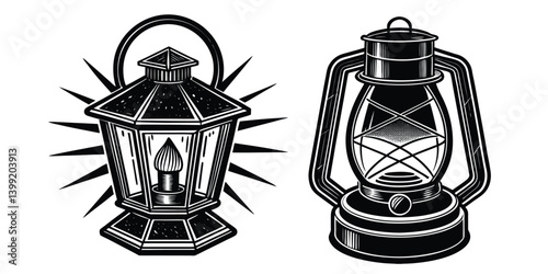 Solar-Powered Lantern a vintage set featuring colorful metal and glass lanterns, antique oil lamps, and decorative candle light illustrations