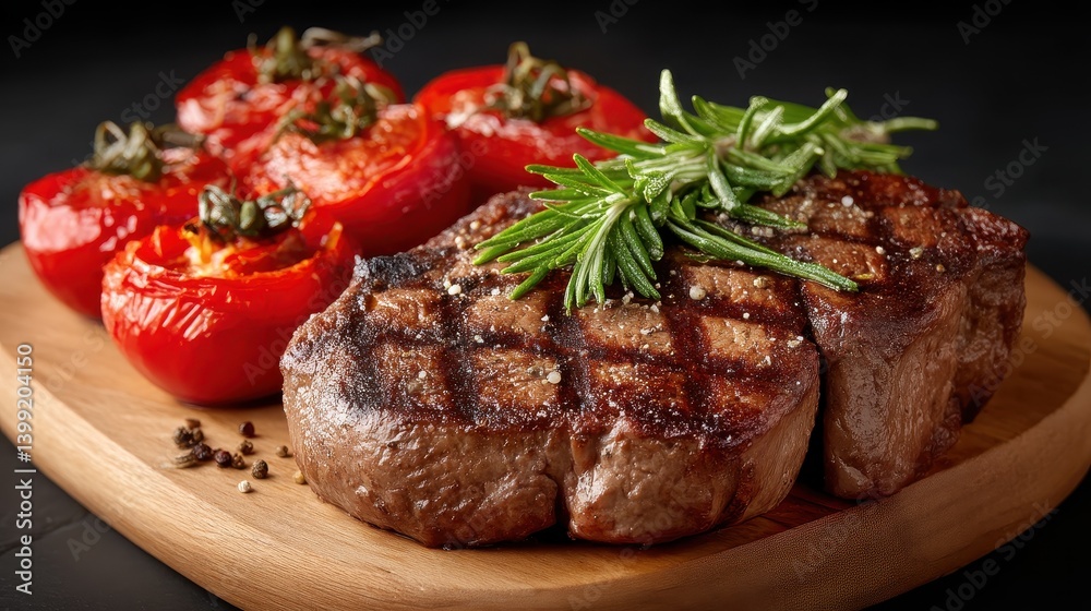 A close-up of a succulent steak resting gracefully on roasted tomatoes. Soft, natural lighting highlights the texture and juicy details of the steak, captured in 120 megapixels for ultimate clarity. A close-up of a succulent steak resting gracefully on roasted tomatoes. Soft, natural lighting highlights the texture and juicy details of the steak, captured in 120 megapixels for ultimate clarity.
