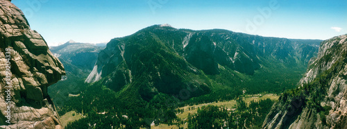 Panoramic elevated view of mountains in Yosemite National Park, Mariposa County, California, USA. photo