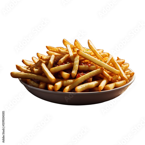 A generous serving of crispy French fries with a hint of sauce drizzled over them, served in a white bowl, ready to enjoy