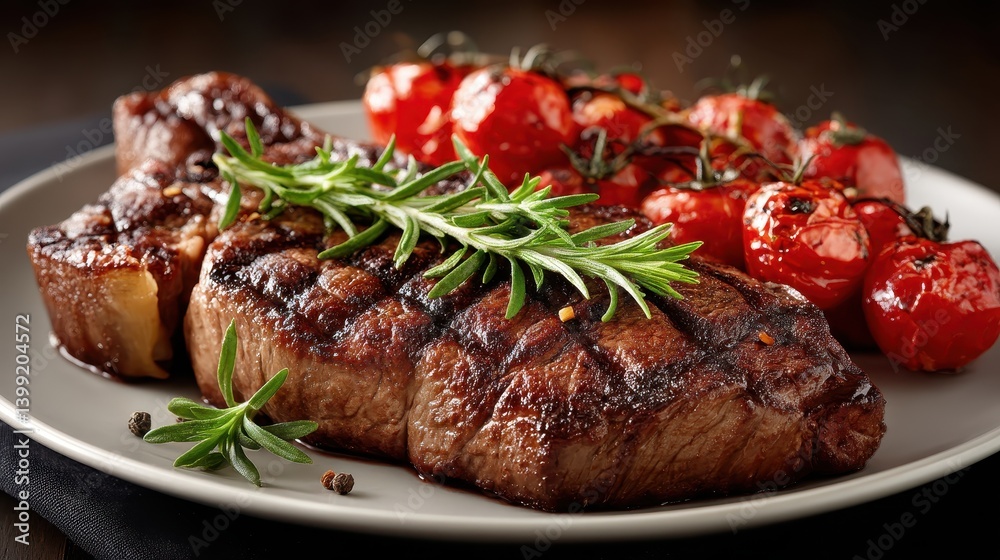A luxurious, ultra-high-definition shot of a tender steak, seasoned perfectly, on a bed of roasted tomatoes. The soft natural light creates a warm, inviting glow.