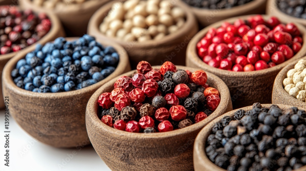 Variety of peppercorns in small bowls on white background
