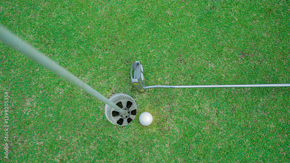 Obraz premium Golf ball and golf club on green in the evening golf course.