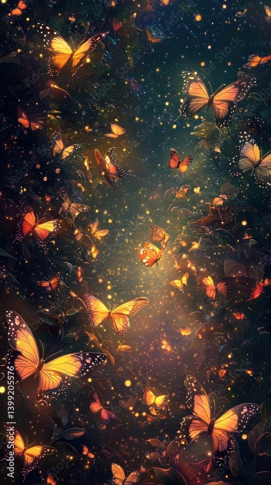 Fototapeta premium Ephemeral flight: A cascade of luminous butterflies in an enchanted twilight realm
