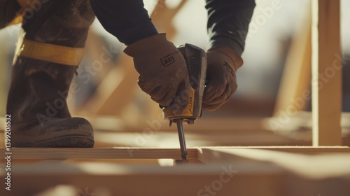 A construction site worker using a nail gun to secure framing. Featuring speed and accuracy