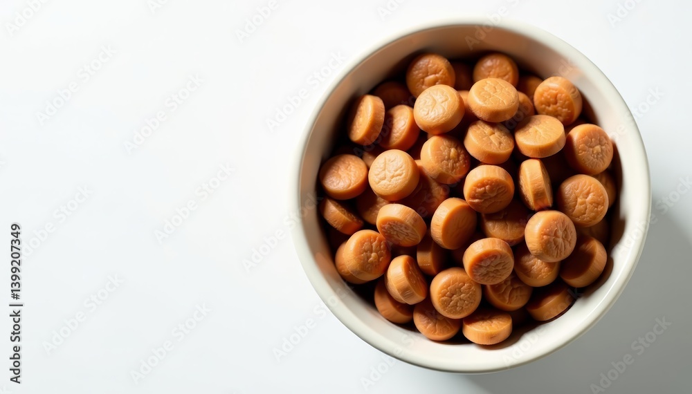 Top view of cat food in bowl on white surface, isolated, food, top view Top view of cat food in bowl on white surface, isolated, food, top view
