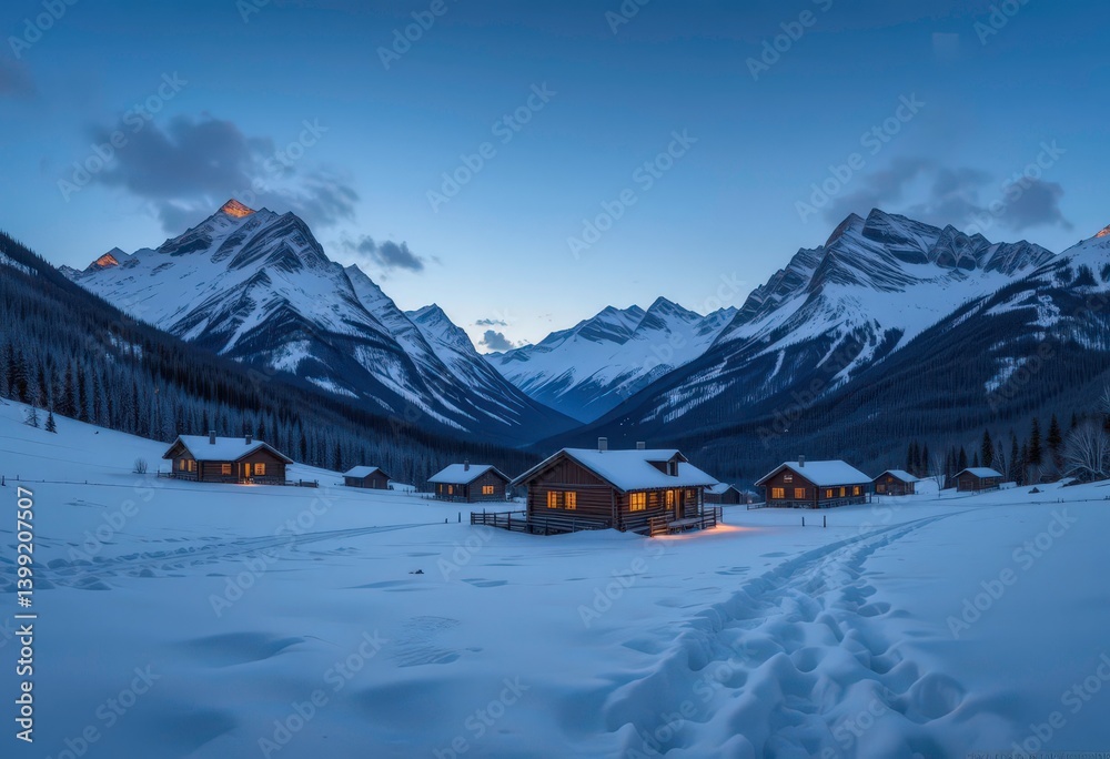 Fototapeta premium Twilight Snowscape A Seamless Timelapse of Rustic Cabins and Snowy Peaks