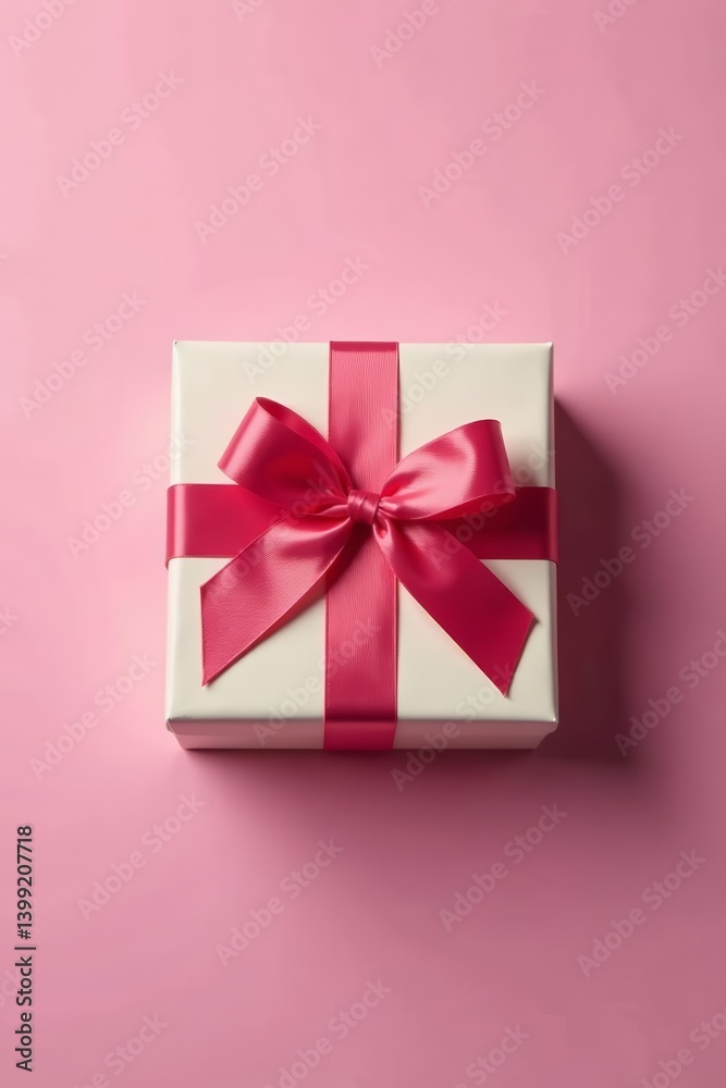 Top view of festive birthday gift box with ribbon on clear background, bow, celebration, ribbon Top view of festive birthday gift box with ribbon on clear background, bow, celebration, ribbon