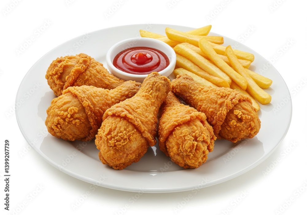 A plate of fried chicken drumsticks with french fries and ketchup on a white background surface view A plate of fried chicken drumsticks with french fries and ketchup on a white background surface view