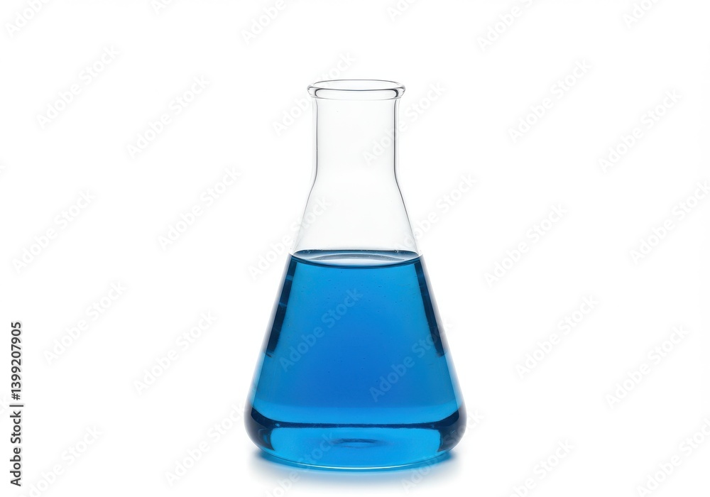 Clear erlenmeyer flask filled with bright blue liquid on a plain white background in a studio shot Clear erlenmeyer flask filled with bright blue liquid on a plain white background in a studio shot