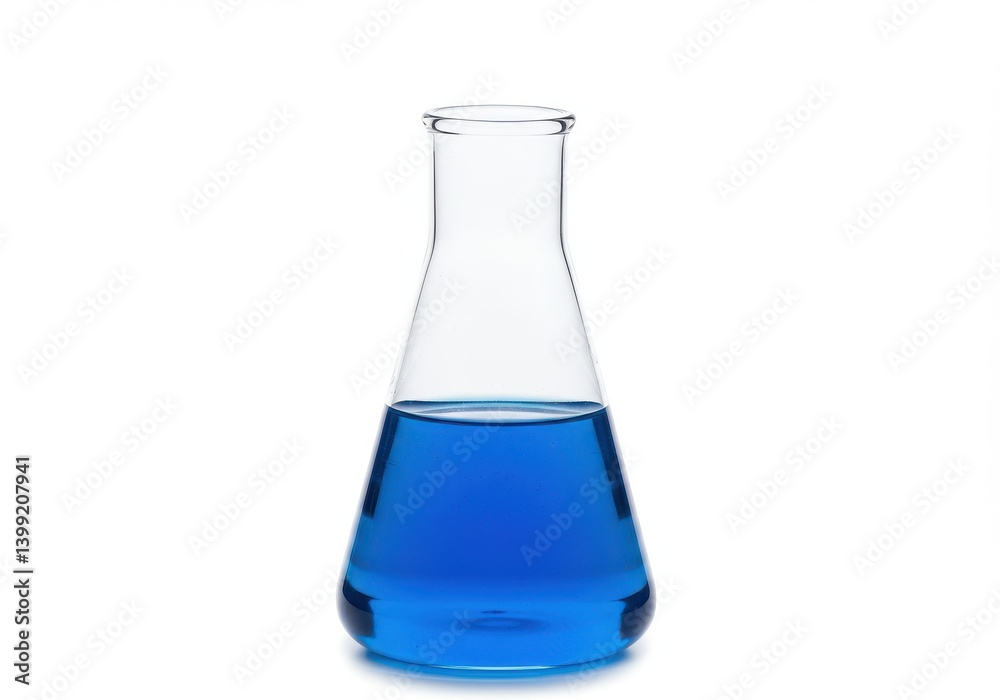 A clear erlenmeyer flask filled with a vibrant blue liquid isolated on a white background studio shot A clear erlenmeyer flask filled with a vibrant blue liquid isolated on a white background studio shot