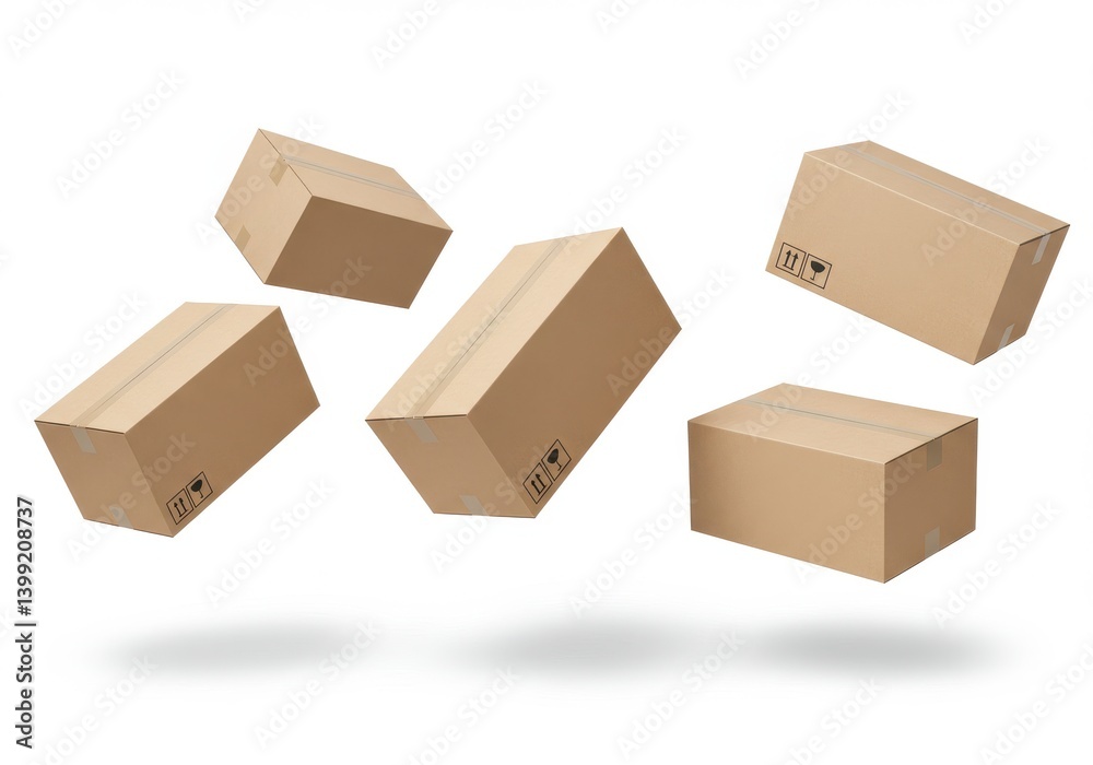 Fototapeta premium Floating cardboard boxes on a white background with shadows suggesting movement and delivery service