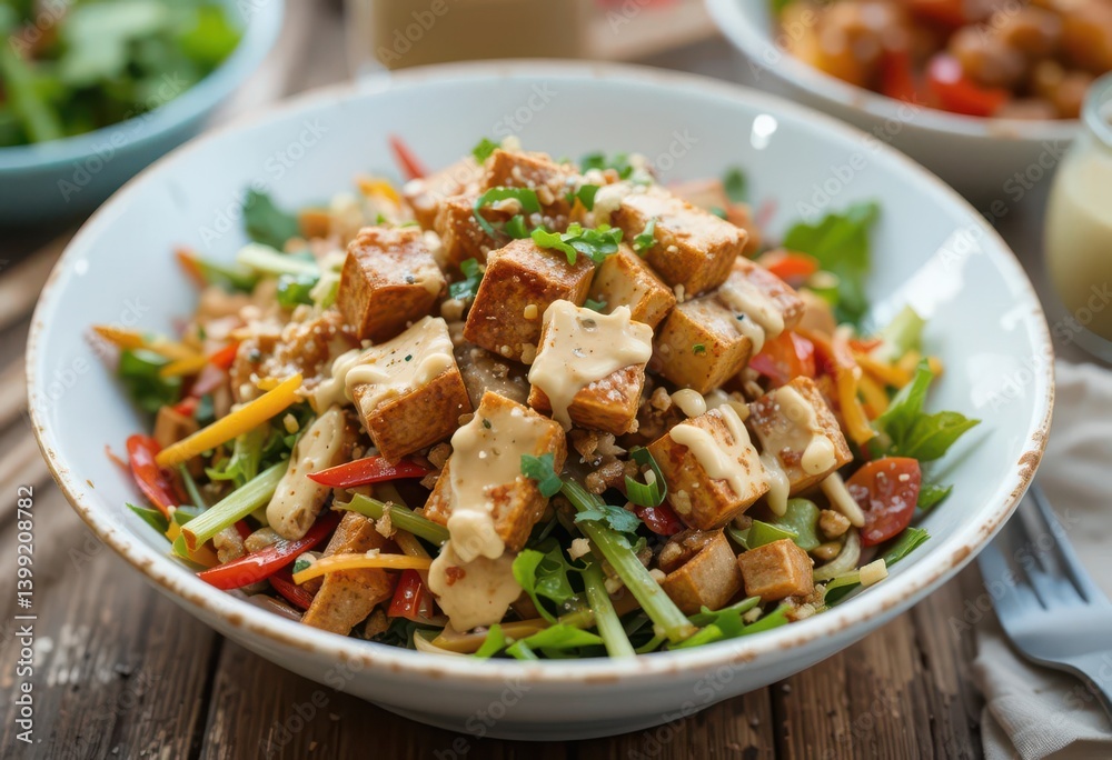 Colorful Vegetables, Crispy Tofu, and a Creamy Peanut Dressing in a Bowl. Colorful Vegetables, Crispy Tofu, and a Creamy Peanut Dressing in a Bowl.