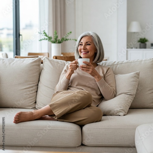 Happy beautiful relaxed mature older adult grey-haired woman drinking coffee relaxing on sofa at home. Smiling stylish middle aged 60s lady enjoying resting sitting on couch in modern living room