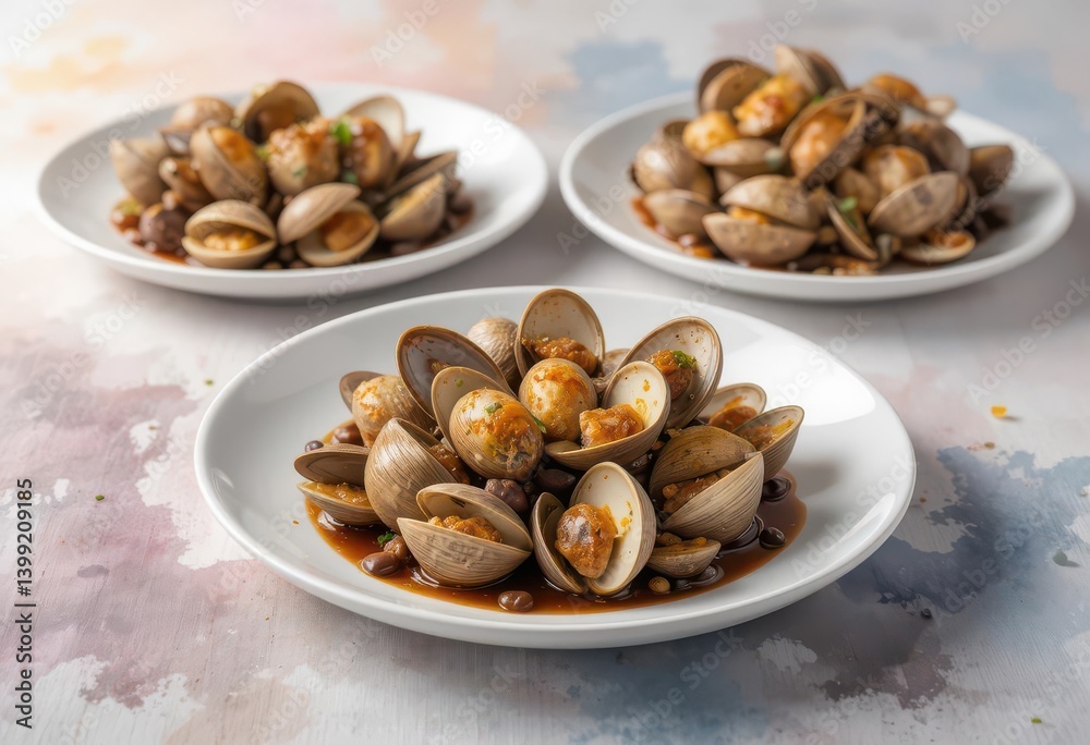 Artistic Rendering of Clams in Black Bean Garlic Sauce on White Plates with a Dreamy Watercolor Backdrop Artistic Rendering of Clams in Black Bean Garlic Sauce on White Plates with a Dreamy Watercolor Backdrop