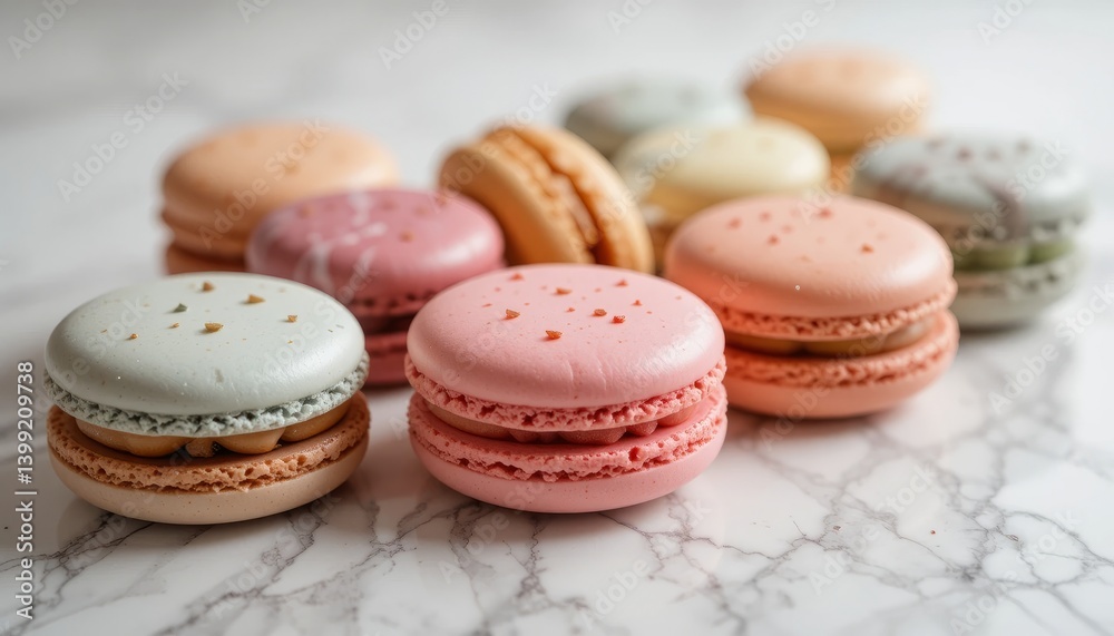 Fototapeta premium Assorted Pastel Macarons On White Marble Surface