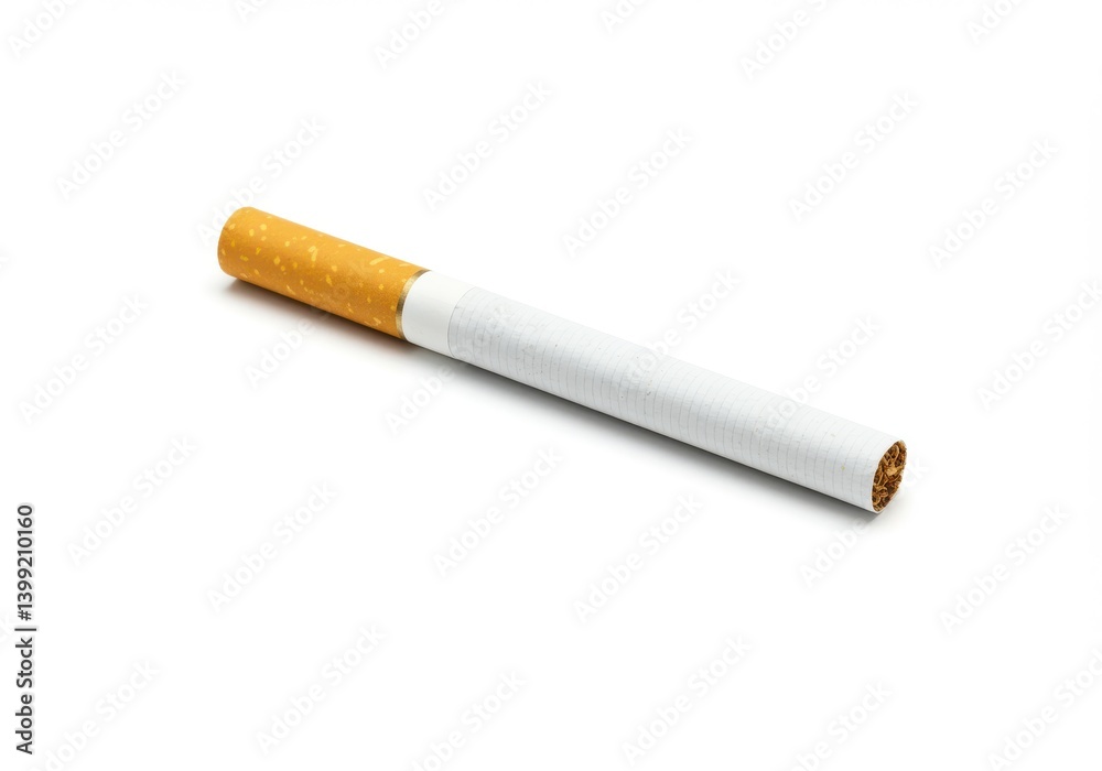 A single cigarette with a white paper and a yellow filter on a plain white background surface view A single cigarette with a white paper and a yellow filter on a plain white background surface view