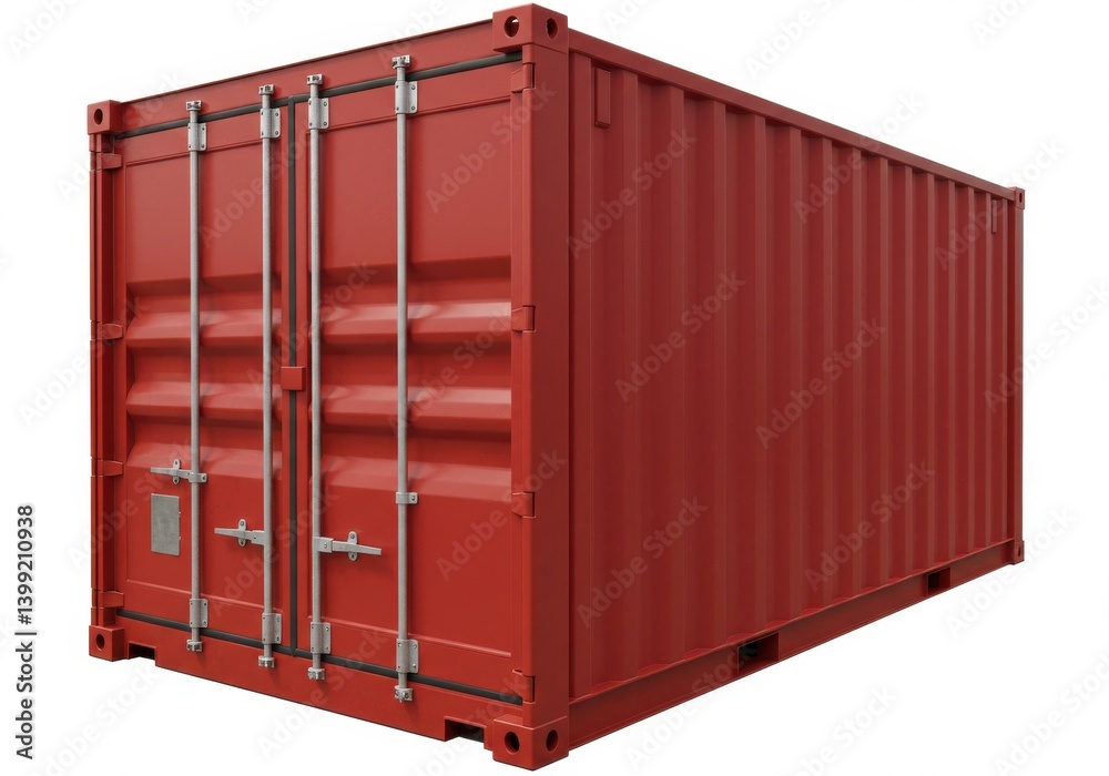 A red shipping container with silver latches isolated on a white background in a studio setting A red shipping container with silver latches isolated on a white background in a studio setting