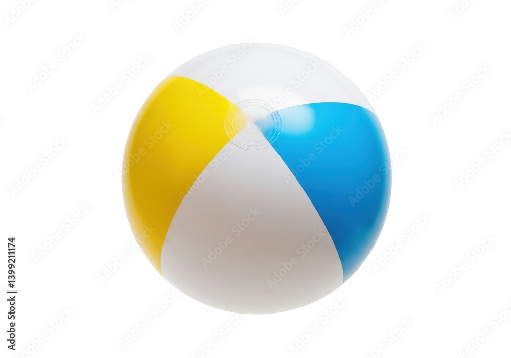 Isolated beach ball with yellow blue and white panels on a white background in a studio shot