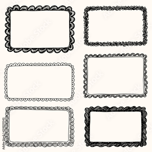 Hand drawn sketchy border collection set of six isolated black doodle frames with unique organic edges, vector graphic illustration elements for labels, tags or text boxes